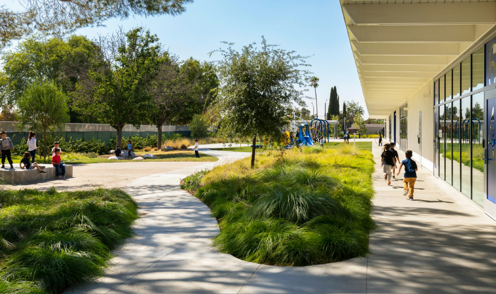 Example of school with shade features and drought-resistant
landscaping